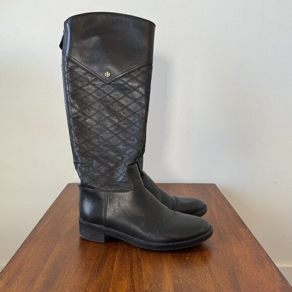 Tory Burch Claremont Quilted Pattern Leather Riding Boots Black - Picture 1 of 16